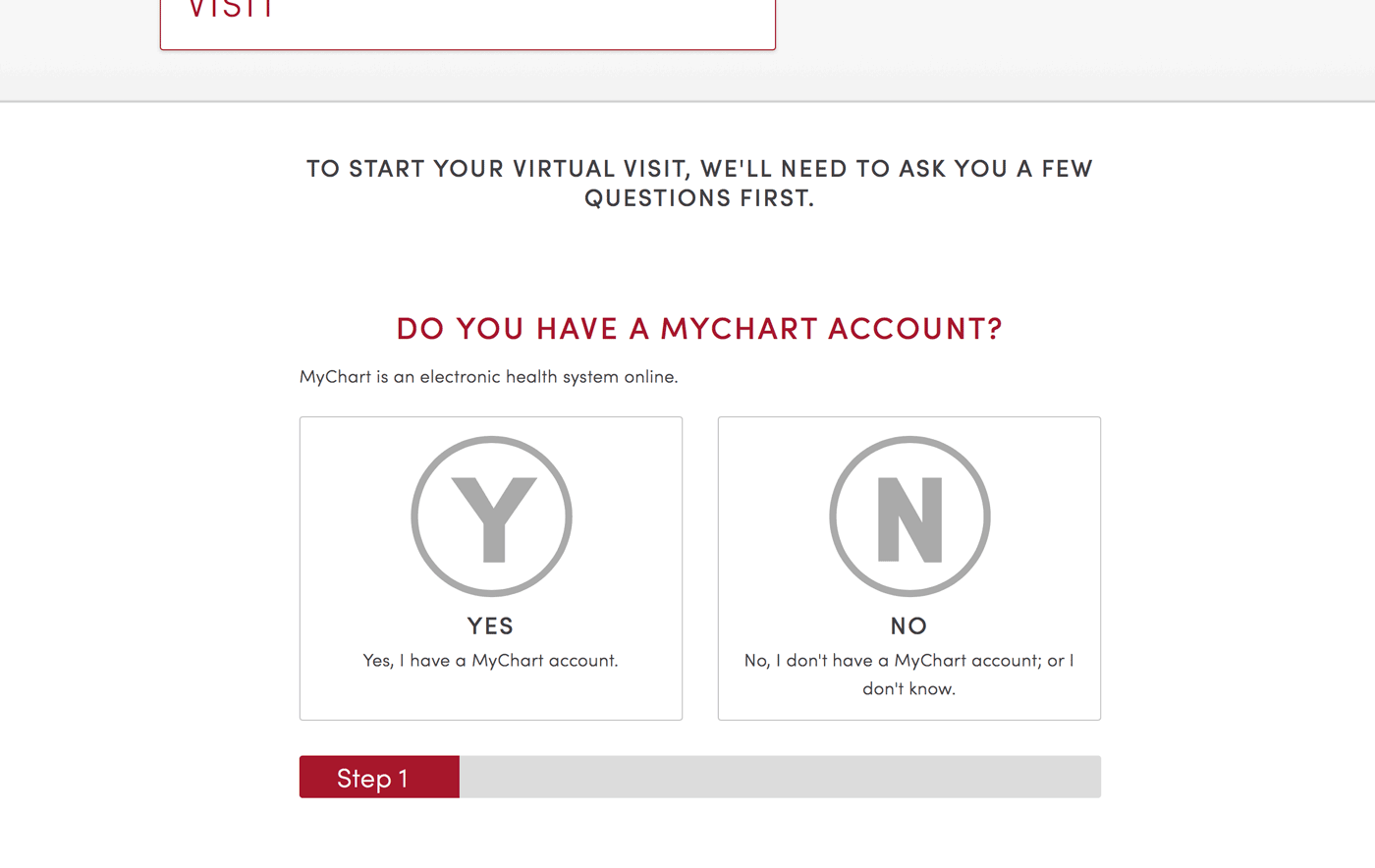 Example of a progress bar used in a one-thing-at-a-time form used on the Virtual Visits site